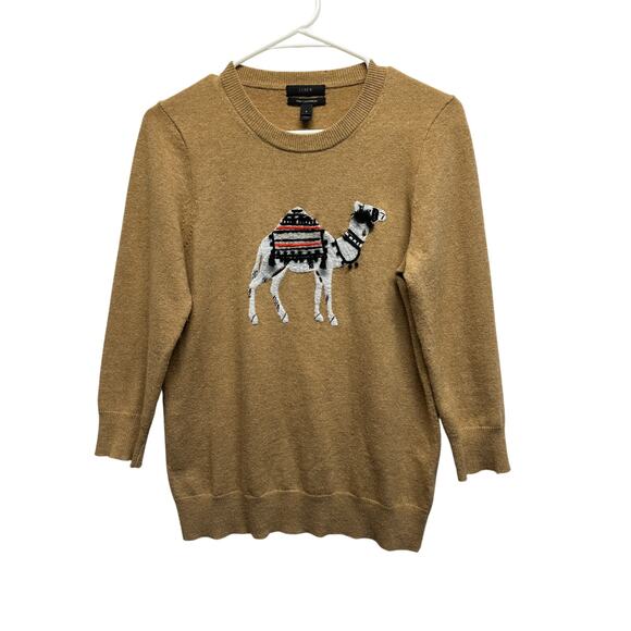 J.Crew Wool Cashmere Camel Sweater Tan Embroidered Animal Pullover Sz S - Picture 1 of 9